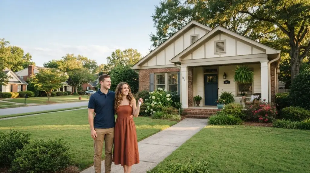 Young couple holding keys in front of a suburban Georgia home after qualifying for an FHA loan