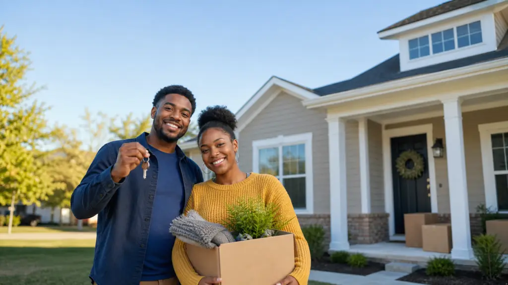 First-time home buyers in Georgia standing outside their new house with a sold sign and moving boxes