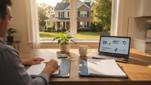 Georgia homeowner at a kitchen table comparing a HELOC and a cash-out refinance with a calculator and documents