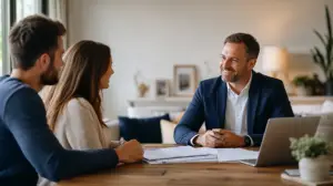 Friendly mortgage broker meeting with a couple at a table, showing the personal service of a broker versus a bank